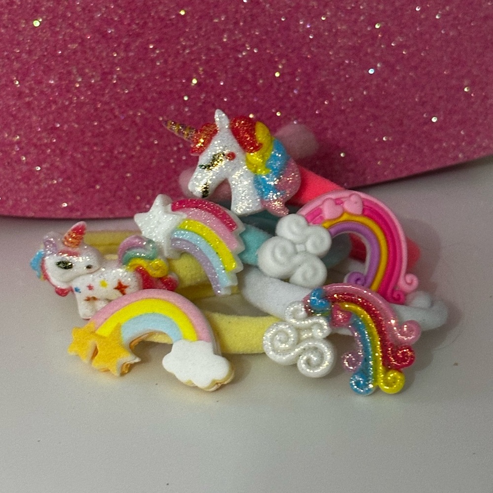 5 for $15! Rainbows Unicorns Glitter Charms Colorful Hair Ties Ponytail Holders